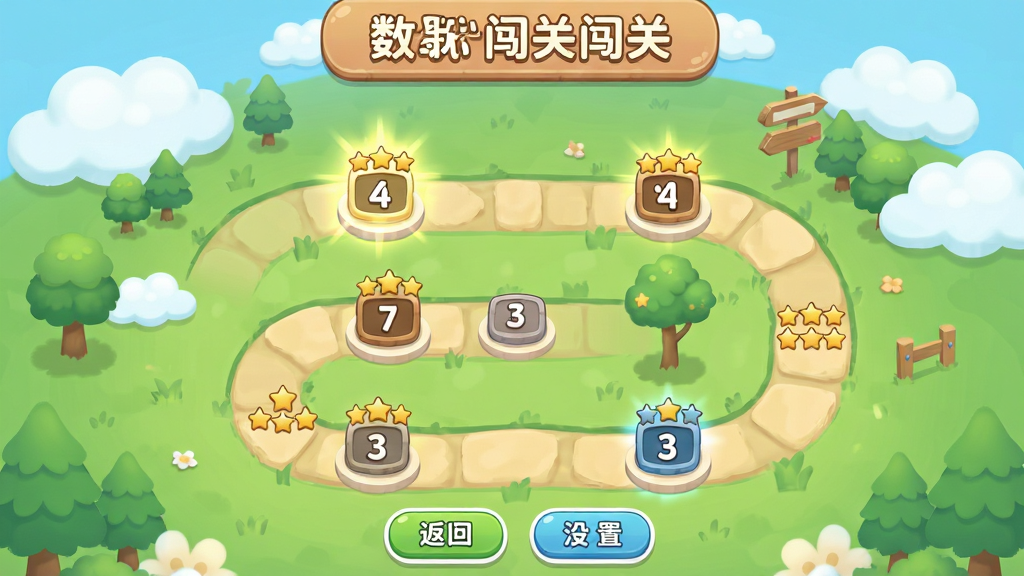 数独趣味闯关游戏关卡地图界面,画面主体为一条蜿蜒的闯关路径,路径上分布着多个带星级的关卡节点,部分节点已点亮显示通关状态;布局为纵向卷轴式地图,顶部有章节标题,底部有返回与设置按钮;风格为清新卡通休闲风,配色柔和明亮;细节包含云朵、树木、路标等装饰元素,关卡节点上有数字与星星标识;画质高清、干净、无多余元素