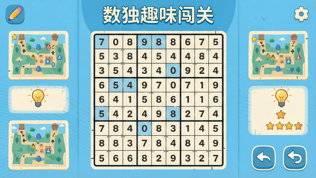 画面主体为数独趣味闯关游戏主界面,中央是清晰的九宫格数独棋盘,数字填充满布局合理,四周环绕关卡地图与星级评价图标;布局采用居中对称构图,顶部显示游戏名称“数独趣味闯关”;风格为清新扁平化休闲游戏界面,配色以天蓝与暖白为主;细节包含铅笔图标、提示灯泡、撤销按钮等辅助元素;画质高清、干净、无多余元素
