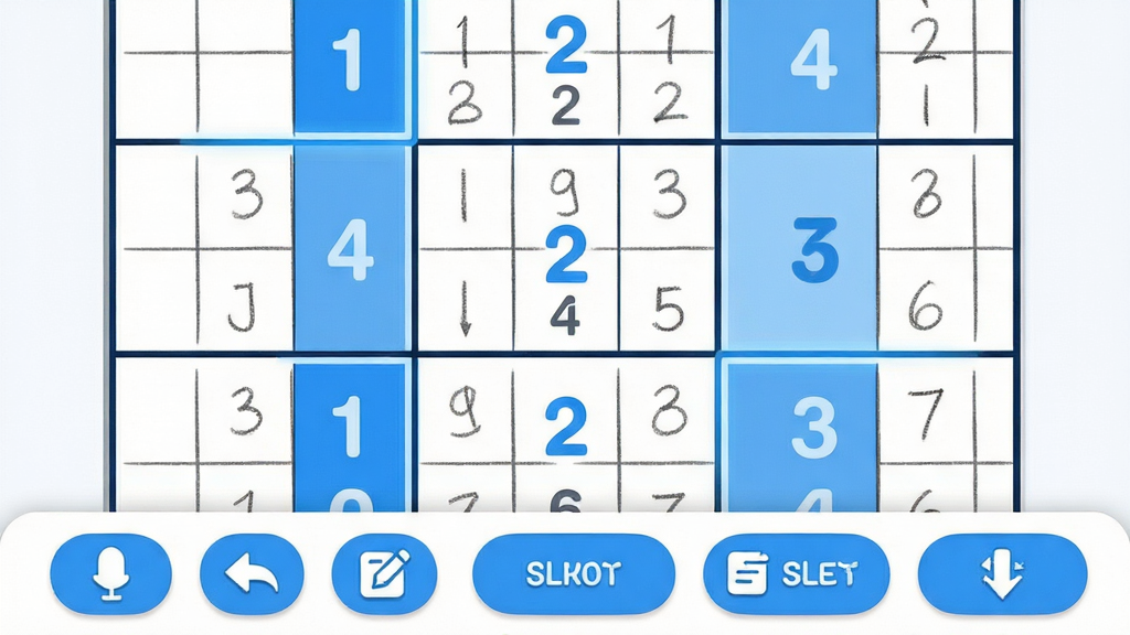数独趣味闯关游戏进行中的界面特写,画面主体为放大的九宫格棋盘,部分格子内数字为蓝色已确认状态,部分格子显示铅笔小字候选数,底部工具栏有提示、撤销、笔记等图标按钮;布局为居中棋盘加底部操作栏;风格为清爽极简休闲游戏UI,配色以白底蓝字为主;细节包含高亮选中的行与列、候选数小号字体、按钮圆角设计;画质高清、干净、无多余元素