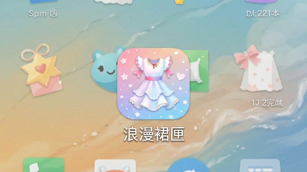 一张浪漫裙匣应用在安卓手机上安装完成后的桌面图标展示图,画面中手机桌面背景简洁,图标位于桌面中央,图标下方显示“浪漫裙匣”名称,整体风格干净清新,画质清晰,无多余元素