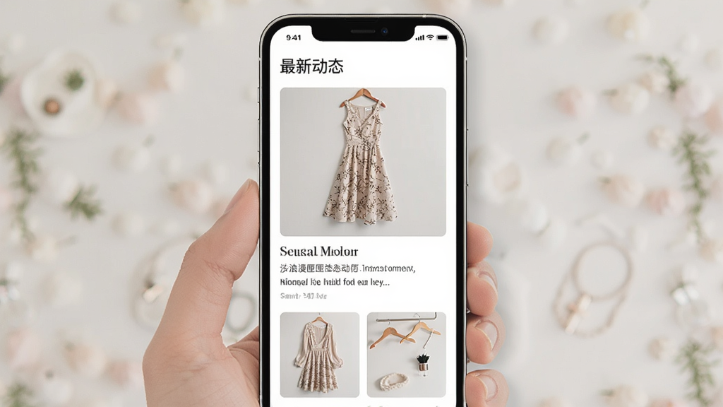 一张浪漫裙匣新品动态资讯页面的示意图,画面中手机屏幕显示信息流卡片,每张卡片包含裙装图片、标题和简短描述,顶部有最新动态标签,界面风格清新简约,画质干净,无多余元素