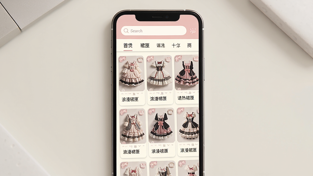 一张展示浪漫裙匣应用界面的手机屏幕效果图,画面中央是一部竖屏智能手机,屏幕上显示着浪漫裙匣APP的主页,主页中有多张Lolita裙装卡片以网格形式排列,顶部有搜索栏和分类标签,整体配色为柔和的粉色与米白色,背景为简洁的浅色桌面,风格清新甜美,细节清晰,画质干净,无多余元素