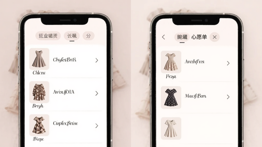 一张浪漫裙匣收藏与心愿单功能界面示意图,画面中手机屏幕展示收藏列表和心愿单页面,每个条目配有裙装小图和名称,页面顶部有分组标签,整体风格简洁柔和,画质清晰,无多余元素