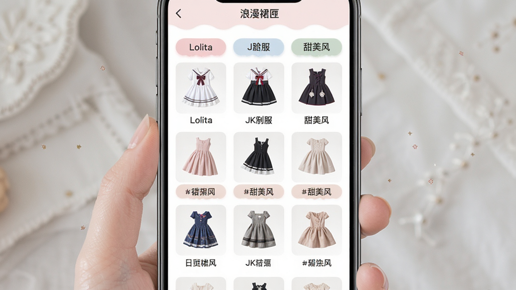 一张浪漫裙匣应用分类浏览界面的示意图,画面中手机屏幕显示多个裙装分类标签和对应的裙装缩略图网格,分类标签包括Lolita、JK制服、甜美风等,界面布局整齐,配色柔和,风格清新,画质干净,无多余元素