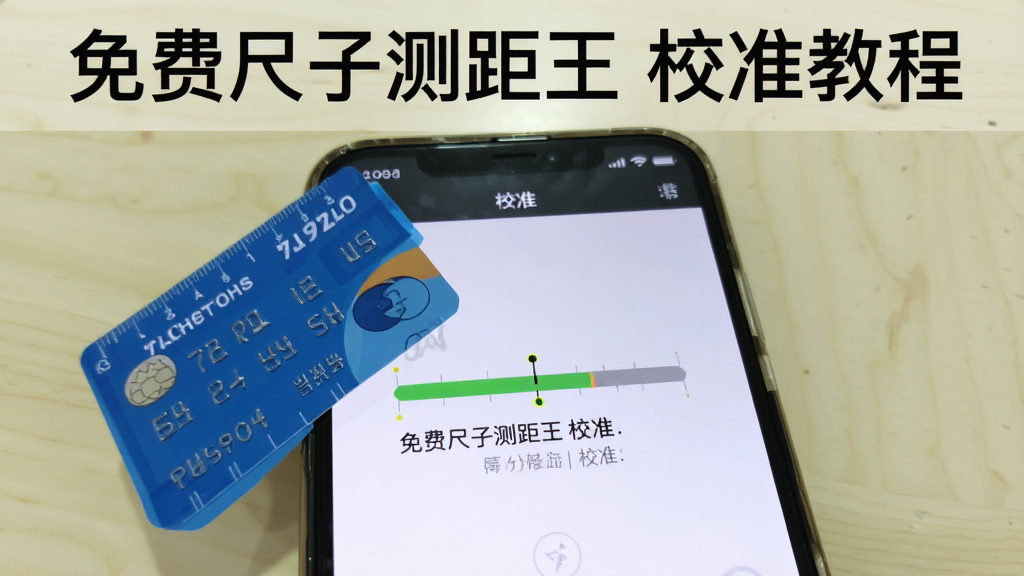 一部手机屏幕显示着免费尺子测距王的校准界面,画面中有一张银行卡贴在屏幕边缘,界面有校准进度条和提示文字,背景为浅色桌面,风格为教程示意图,画质清晰,干净无杂物,图片中有文字“免费尺子测距王 校准教程”