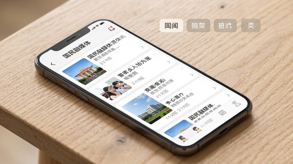 一部手机平放在木质桌面上,屏幕显示“国民融媒体”资讯列表页面,多条新闻卡片整齐排列,每张卡片左侧配有缩略图、右侧为标题与时间,画面右上角有分类标签栏,整体风格清新简洁,光线柔和,画质干净清晰,无杂乱元素