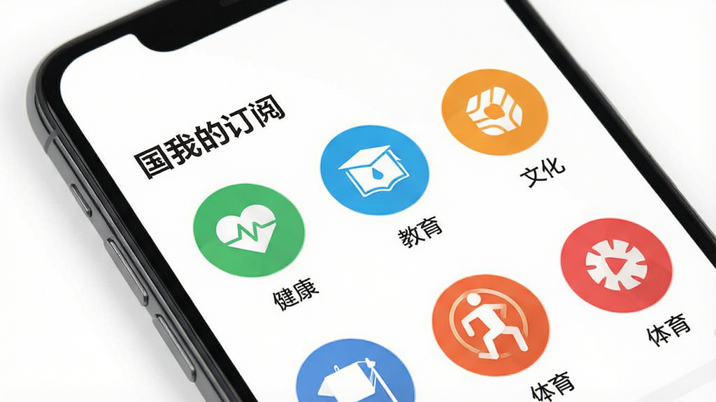 手机屏幕特写,展示“国民融媒体”频道订阅页面,多个彩色圆形图标分别代表健康、教育、文化、体育等频道,图标下方配有文字标签,页面顶部有“我的订阅”标题,背景为纯白色,风格清爽扁平,画质细腻干净,排版整齐