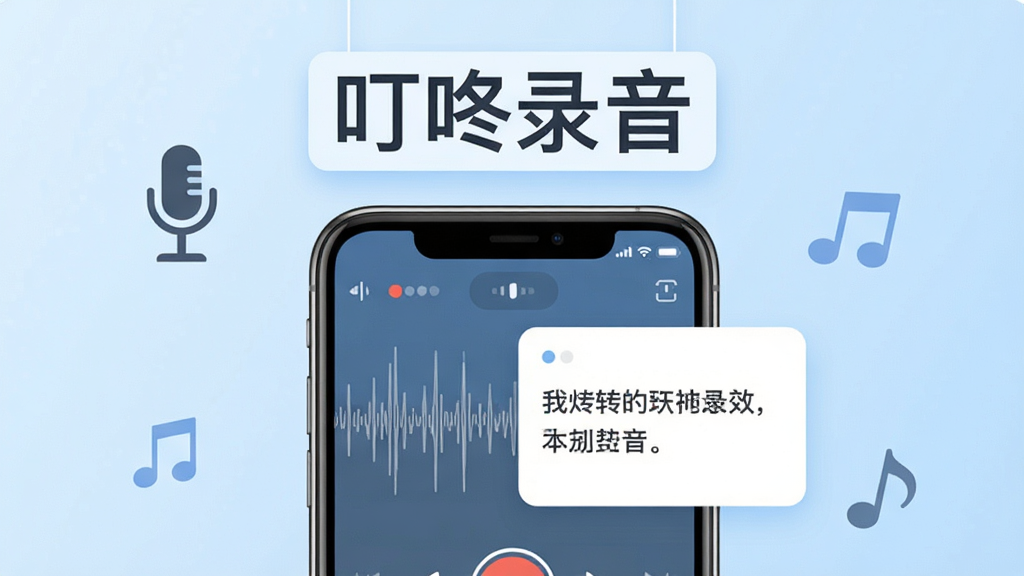 一张展示智能手机界面的产品示意图,画面中央是手机屏幕,屏幕内呈现录音波形与文字转写卡片并排的布局,手机上方悬浮着