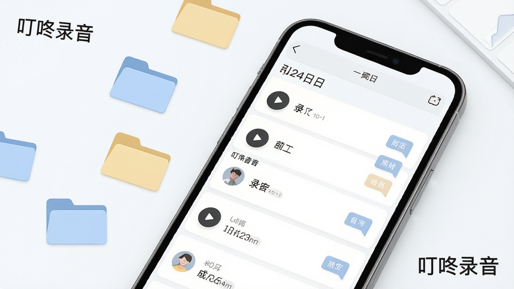 一张展示文件管理界面的示意图,画面主体为一部手机,屏幕内呈现按日期分组的录音文件列表,每条记录旁配有播放按钮与小标签,手机旁边散落着几个简约的文件夹图标,画面一角标注