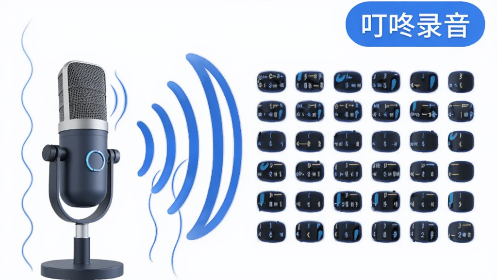 一张表现声音转化为文字的创意场景图,画面左侧是一支立式麦克风正在接收声波,声波以曲线形式向右延伸并逐渐演变成排列整齐的文字段落,画面右上角标注