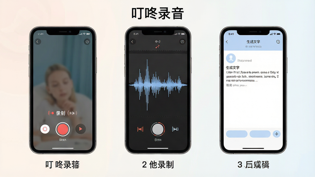 一张展示手机录音操作步骤的示意图,画面分为三个并排的手机界面,从左到右依次为点击录音按钮、录制中的波形界面、生成文字后的编辑页面,每个界面下方配有简短步骤标注,画面顶部标注