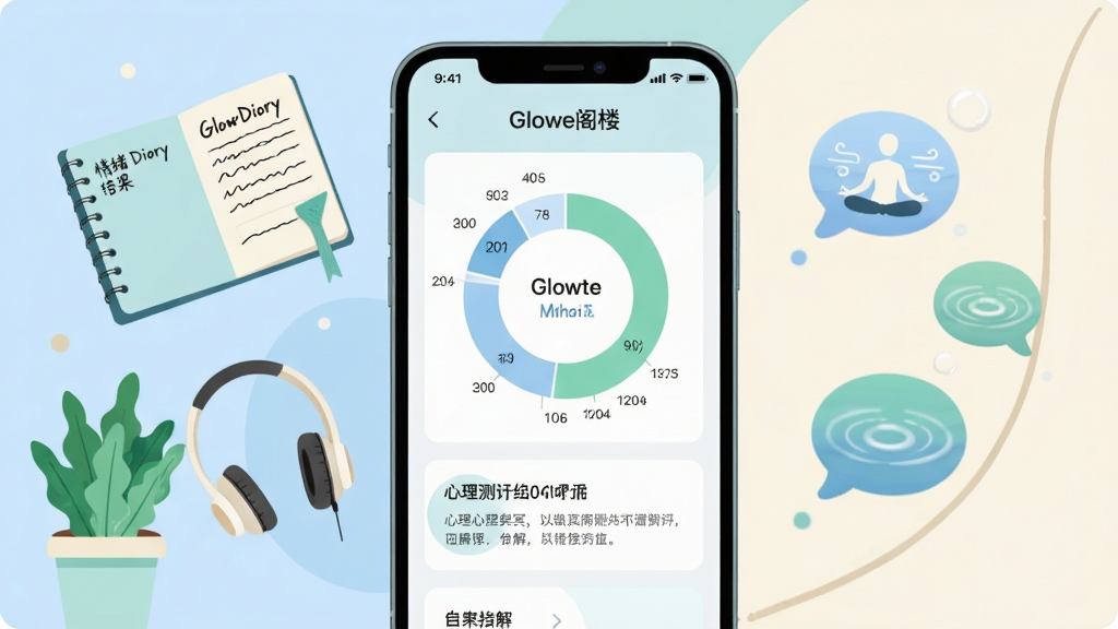 画面主体为一部竖屏手机,屏幕中展示Glowe阁楼应用的心理测评结果页面,页面包含环形图表和文字解读模块;手机左侧漂浮着情绪日记本、耳机、绿色植物等元素,右侧漂浮着代表冥想的气泡图标;布局采用手机居中、元素左右对称分布;排版上手机屏幕内容清晰可见,顶部有“Glowe阁楼”字样;风格为清新扁平化UI插画,色调以浅蓝、薄荷绿、米白为主;细节包括图表中的数据刻度、日记本上的手写线条、气泡中的波纹纹理;画质高清,画面干净,无多余元素。