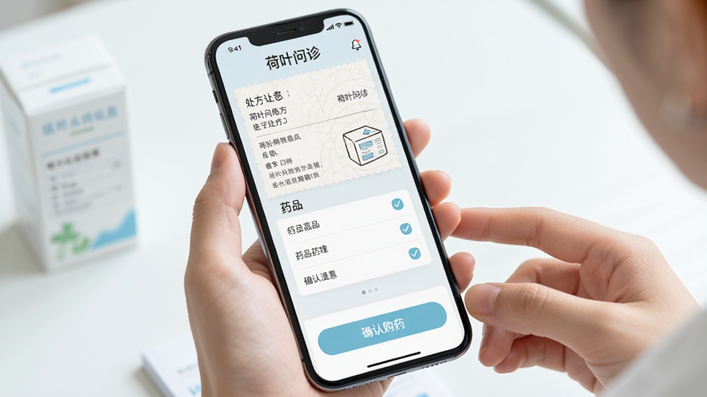 主体为一双手持手机查看电子处方的场景,手机屏幕显示
