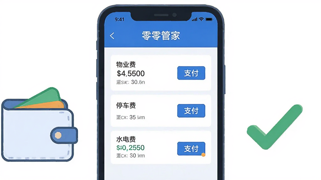 画面主体为一部手机屏幕特写,屏幕中显示“零零管家”的账单缴费页面,页面列出物业费、停车费、水电费三条待缴项目,每条项目右侧带有支付按钮,手机旁放置一个简约的钱包图标与对勾标记,布局为手机居中、图标分列两侧,风格为扁平化UI展示插画,细节上数字与按钮清晰、配色以蓝白为主辅以少量橙色点缀,画质干净锐利,背景纯色无杂乱元素