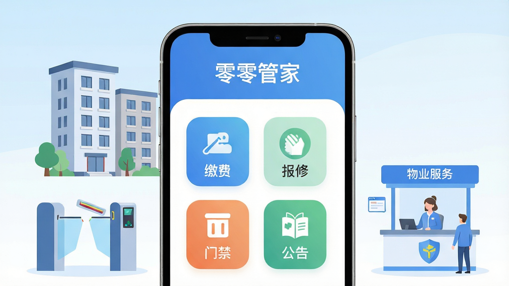 画面主体是一部智能手机,屏幕中展示智慧社区管理应用的首页界面,界面上方有“零零管家”字样,下方排列缴费、报修、门禁、公告四个功能图标,手机周围环绕着社区楼栋、门禁闸机与物业服务台的简洁插画元素,整体采用居中构图,背景为浅蓝到白色的柔和渐变,风格为扁平化现代科技插画,细节上图标圆润、线条干净、配色清爽,画质清晰锐利,画面干净无多余装饰元素