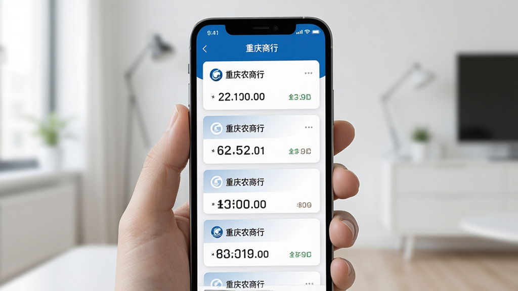 一位用户在手机屏幕上查看多个银行账户卡片式列表,每张卡片显示“重庆农商行”标识与余额数字,界面采用蓝白配色,背景为简洁的室内环境,布局突出手机主体,风格写实生活化,细节丰富,画质清晰,干净无杂乱元素
