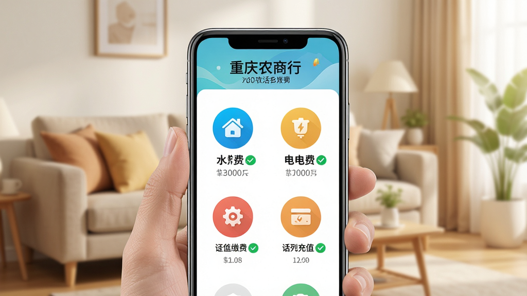 手机屏幕显示“重庆农商行”生活缴费页面,界面中排列水费、电费、燃气费、话费充值等圆形图标,旁边有已完成缴费的绿色对勾标记,背景为温馨家庭客厅一角,布局以手机为中心,风格清新明快,细节精致,画质高清,干净无多余装饰