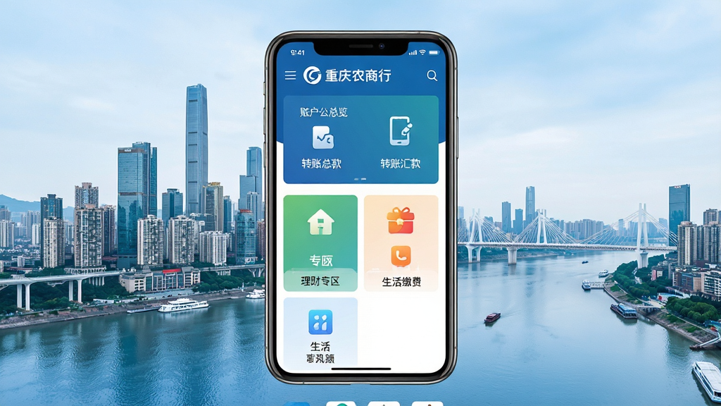 手机银行应用主界面展示,中央放置一部智能手机,屏幕内呈现“重庆农商行”手机银行首页,包含账户总览、转账汇款、理财专区、生活缴费等图标模块,背景为重庆城市天际线与江水元素,整体布局居中对称,风格简洁现代商务,细节清晰,画质高清,干净无多余元素