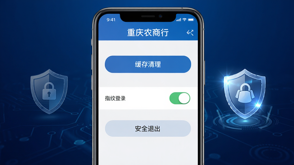 手机屏幕展示“重庆农商行”应用设置页面,包含缓存清理按钮、指纹登录开关、安全退出选项,旁边有盾牌安全图标与盾牌光效,背景为深蓝色科技感渐变,布局以手机界面为核心,风格专业安全,细节清晰,画质高清,干净无多余元素