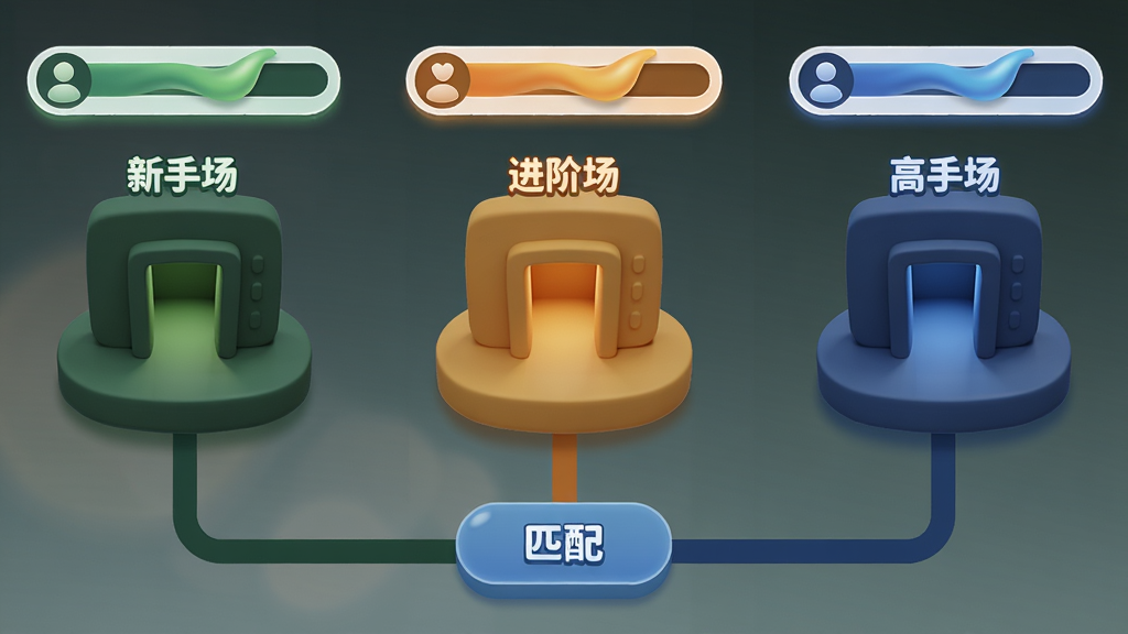 主体为三个并排的立体房间入口图标,分别标注新手场、进阶场、高手场,图标上方悬浮玩家匹配进度条;布局为横向三等分排列,图标下方延伸出连接线汇聚至中央的匹配按钮;风格为轻拟物游戏界面风,配色以墨绿、暖橙、深蓝区分三个房间;细节上图标边缘有柔和光影、进度条呈流动质感;画质高清,画面干净,无多余元素。