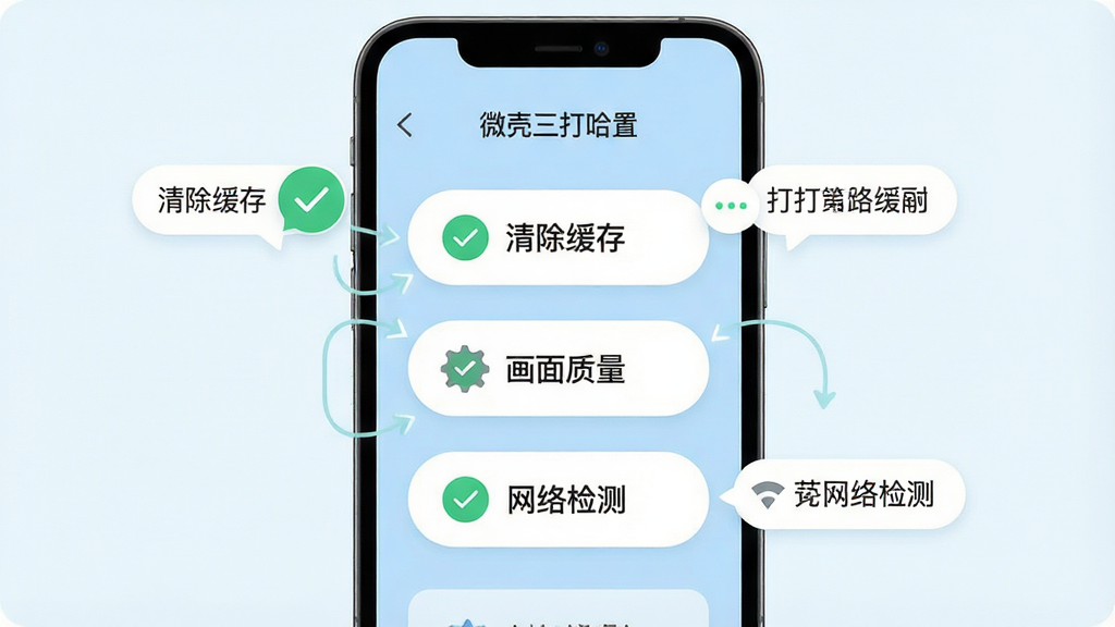 主体为一部手机屏幕展示微壳三打哈设置界面,界面中突出显示“清除缓存”“画面质量”“网络检测”三个功能按钮,按钮旁配有对勾与提示气泡;布局为手机居中、按钮环绕式标注;风格为清新扁平化UI示意图,配色以浅蓝底色配白色卡片与绿色对勾;细节上按钮圆角柔和、气泡文字简洁;画质高清,画面干净,无多余元素。