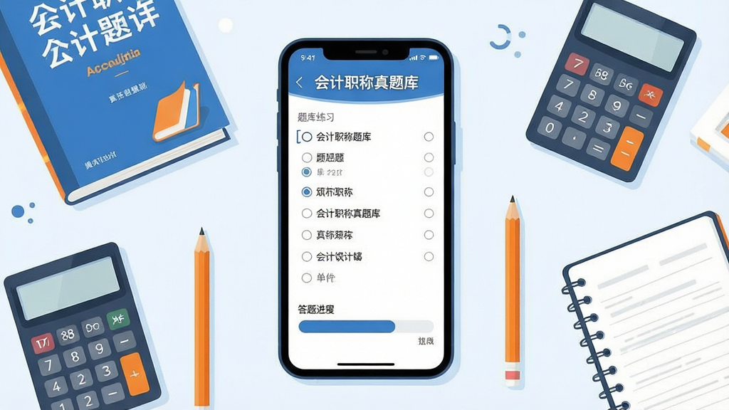 一张展示会计职称真题库软件界面的手机屏幕效果图,画面中央是一部竖屏智能手机,手机屏幕上显示题库练习页面,包含单选题选项和答题进度条,手机周围环绕着会计教材、计算器、铅笔和笔记本等学习用品,整体布局居中对称,风格为清爽扁平化插画,色调以蓝白为主搭配少量橙色点缀,细节上手机屏幕内文字清晰可辨显示