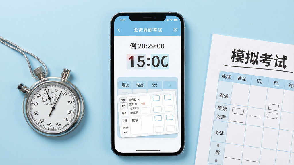 一张展示会计职称真题库模拟考试功能的场景图,画面中央为手机屏幕显示模拟考试倒计时与答题卡界面,手机旁边放置一只秒表和一张写有