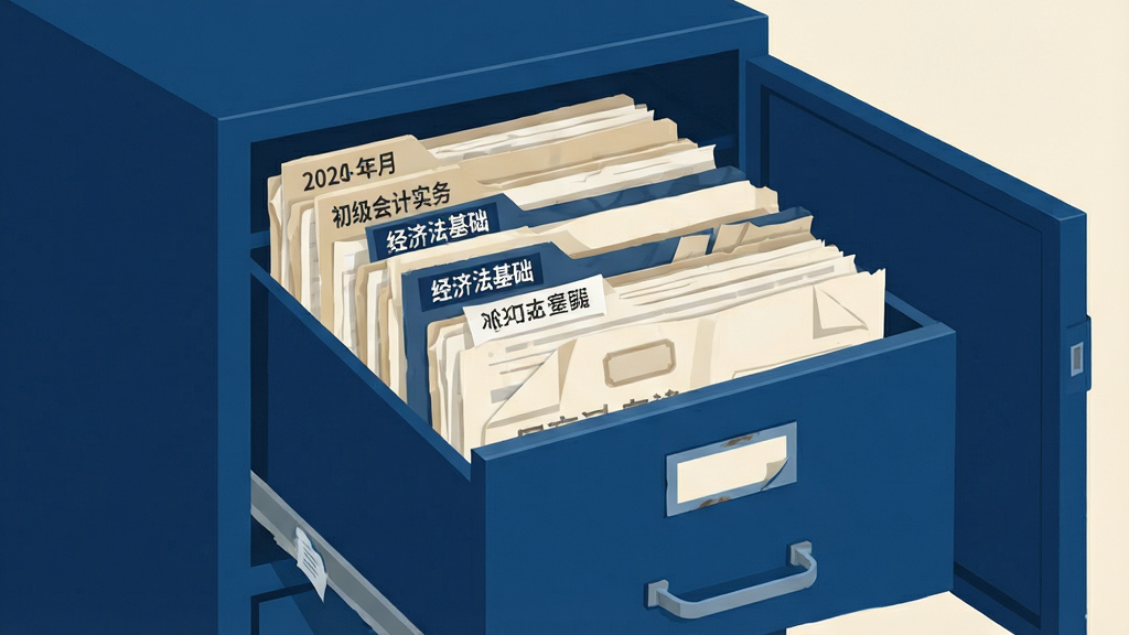 一张表现会计职称真题库历年真题模块的插画,画面主体为打开的档案柜,柜子里整齐排列着标注年份的真题试卷文件夹,每份文件夹上带有