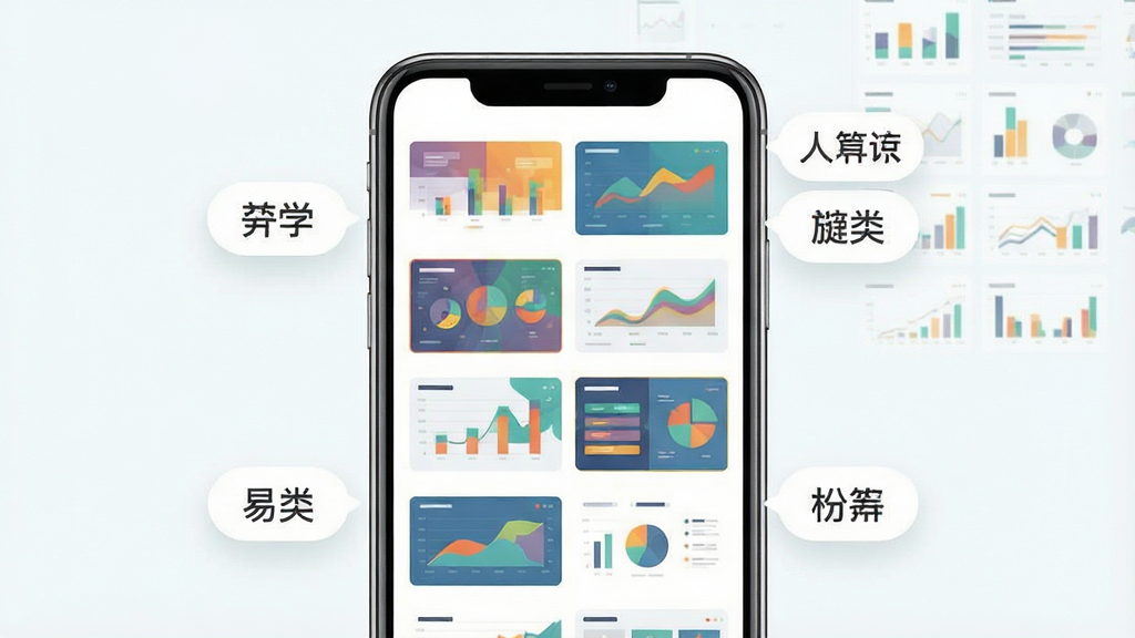 一张展示易图模板库界面的示意图,主体为手机屏幕内呈现网格状排列的多种图表模板缩略图,布局为屏幕中央模板网格清晰展示,周围有分类标签悬浮,风格为清新浅色扁平设计,细节包括模板缩略图色彩丰富、分类标签文字清晰,画质高清,干净,无多余元素