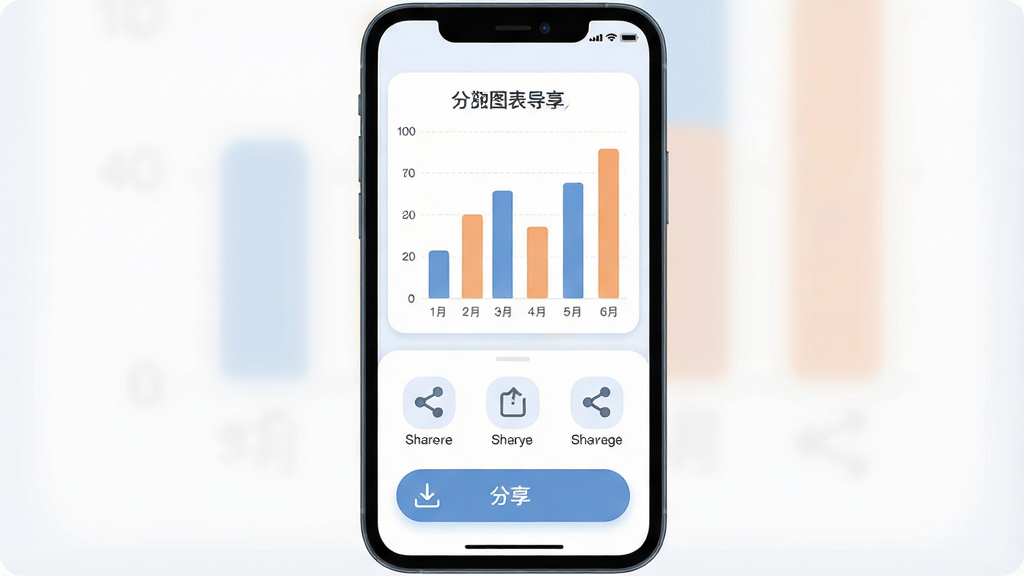 一张展示易图图表导出分享功能的示意图,主体为手机屏幕内显示一张完成的柱状图图表和底部弹出的分享菜单,布局为图表占据屏幕上方、分享按钮排列在下方,风格为柔和圆角扁平设计,细节包括分享图标简洁明了、导出按钮带有下载箭头标识,画质高清,干净,无多余元素