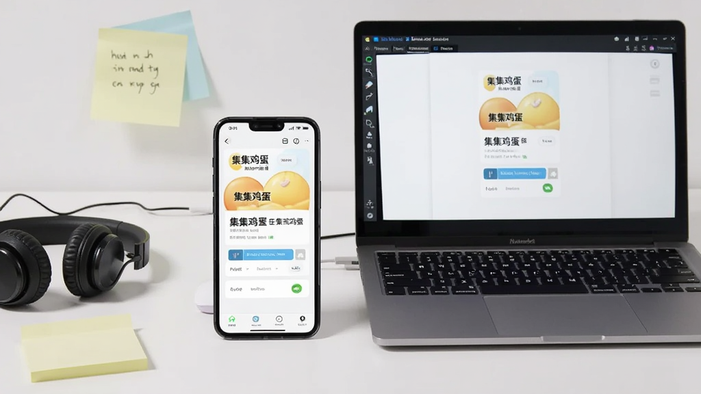 画面主体是一部手机和一台笔记本电脑并排摆放,手机屏幕显示“集集鸡蛋”任务页面,电脑屏幕显示安卓模拟器运行同一应用,布局为左手机右电脑,风格为现代办公桌面场景,细节包括桌面上的耳机和便签纸,画质清晰明亮,干净有序