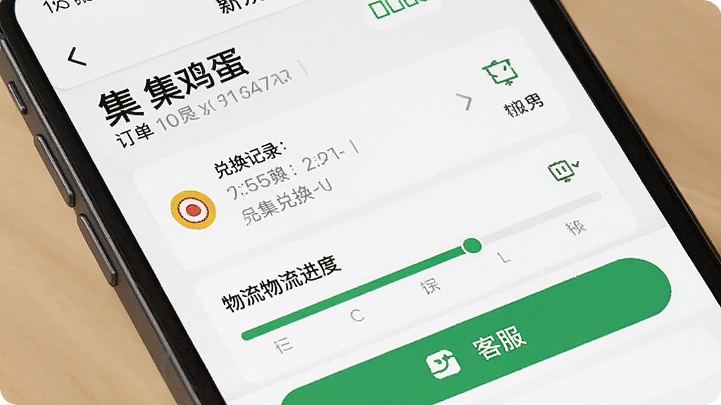画面主体是一部手机屏幕特写,显示“集集鸡蛋”订单详情页,包含兑换记录列表、物流进度条和客服按钮,布局为手机屏幕占满画面,风格为简洁UI界面展示,细节包括清晰的文字层级和图标设计,画质锐利,干净无干扰元素