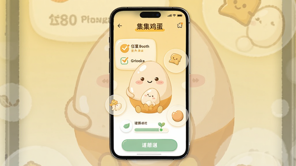 画面主体是一部智能手机,屏幕显示“集集鸡蛋”应用主界面,界面中央有一个卡通风格的大鸡蛋抱着小鸡蛋,周围环绕着任务清单和进度条图标,布局为手机居中展示,背景是淡黄色渐变,风格为扁平化卡通插画,细节包括柔和的阴影和圆润的按钮,画质清晰干净,无多余元素