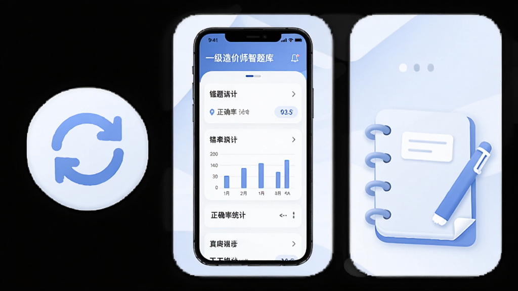 一级造价师智题库错题本功能展示图,画面中手机屏幕显示错题列表与正确率统计图表,旁边配有循环箭头图标和笔记本元素,整体采用柔和圆角卡片风格,浅蓝与白色搭配,排版整洁,画质清晰,无多余装饰