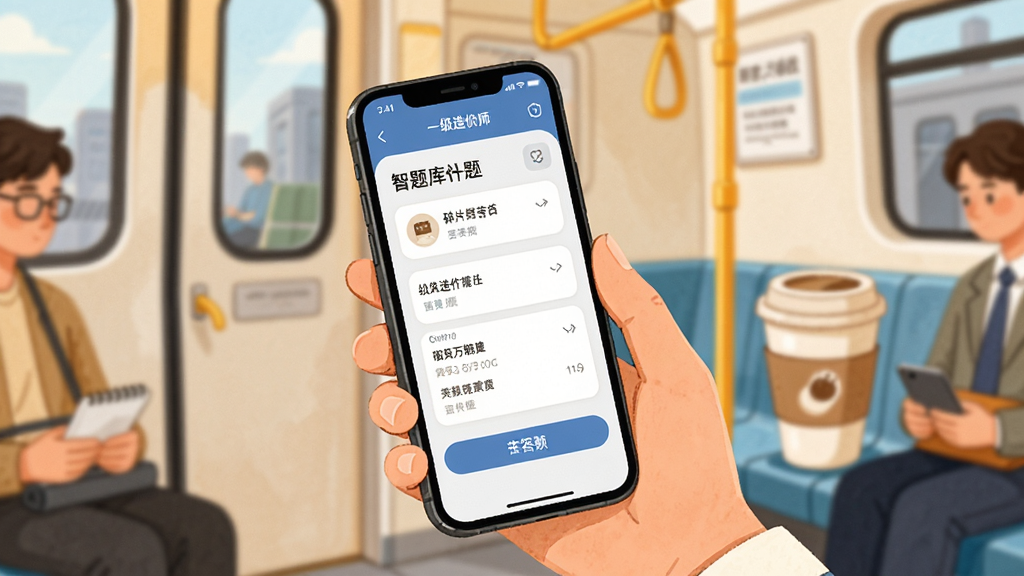 一级造价师智题库碎片化学习场景图,画面中一只手握着手机,屏幕显示答题界面,背景为地铁车厢与咖啡杯等生活场景元素,整体为温暖明亮的插画风格,构图简洁,重点突出手机屏幕,画质清晰,画面干净