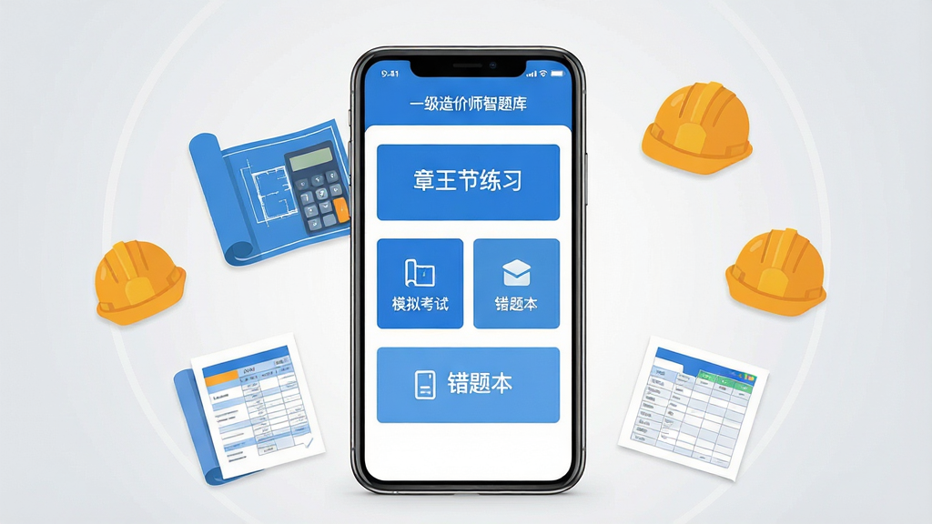 一张展示一级造价师智题库手机应用主界面的产品展示图,画面中央是一部竖屏智能手机,屏幕上显示题库首页,包含章节练习、模拟考试、错题本等功能入口,界面以蓝白色调为主,布局清晰;手机周围环绕着建设工程相关的扁平化图标元素,如计算器、图纸、安全帽、造价表格等;整体采用干净简洁的扁平插画风格,背景为浅灰渐变,细节精致,画质清晰,画面干净无多余元素