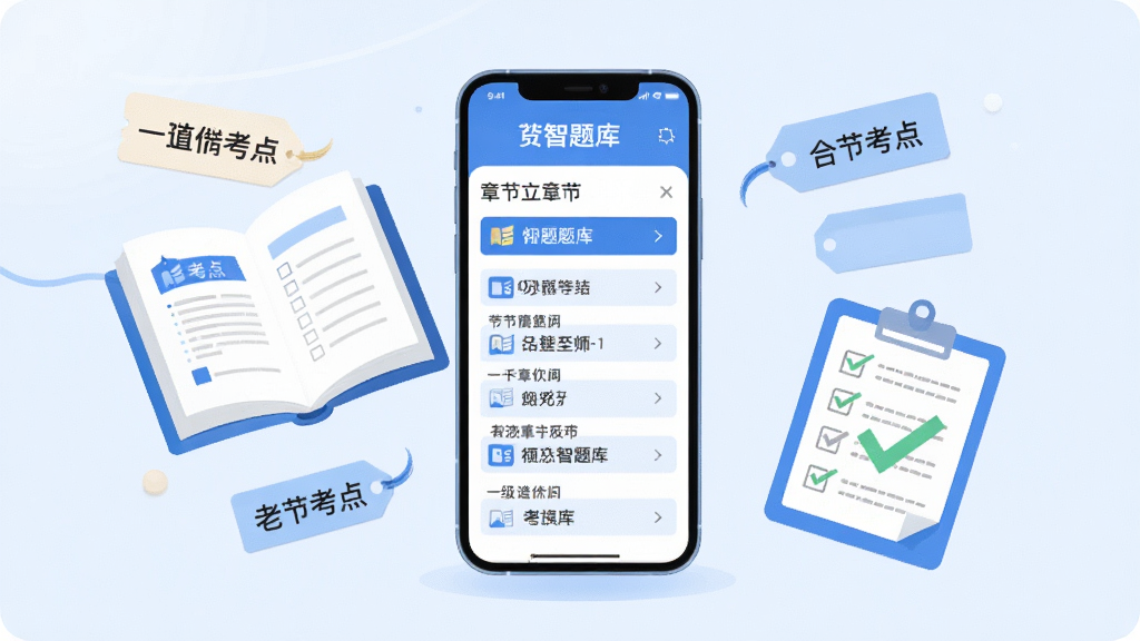 一级造价师智题库章节练习功能展示图,画面中一部手机屏幕显示按章节排列的题库目录,手机旁边漂浮着展开的书本、标注考点的标签和打勾的答题卡,整体为清新浅色扁平风格,蓝白配色,布局居中对称,细节干净,画质清晰
