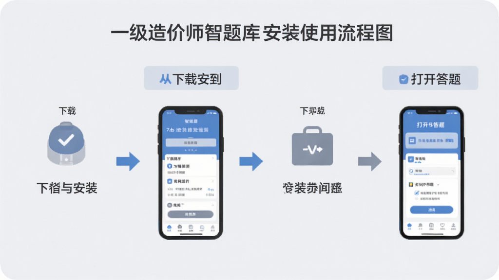 一级造价师智题库安装使用流程图,画面以横向流程布局展示从下载安装到打开答题的四个步骤,每一步配简洁图标与手机界面示意,整体采用浅灰质感扁平风格,蓝灰配色,排版整齐,画质清晰,画面干净无多余元素