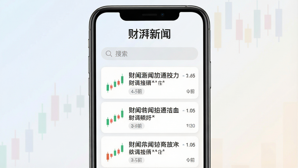 手机屏幕中央展示财经新闻资讯列表界面,顶部有“财湃新闻”字样,背景为浅色渐变,布局上采用上下分层结构,上方为标题栏与搜索框,下方为新闻卡片流,风格简洁现代,细节包含K线小图标与时间标签,画质清晰,干净,无多余元素