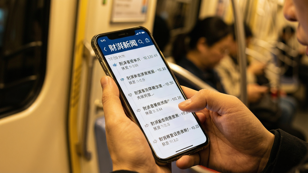 一位用户在通勤地铁上手持手机浏览“财湃新闻”快讯页面,屏幕显示时间轴排列的短讯条目,画面采用暖色调光线,构图以人物手部与屏幕为焦点,背景虚化处理,风格写实生活化,细节突出屏幕上的“财湃新闻”标识与快讯时间戳,画质清晰,干净,无多余元素
