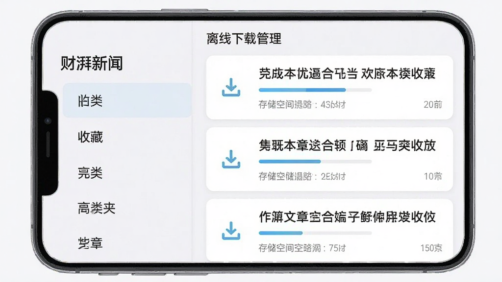 手机界面展示“财湃新闻”收藏夹与离线下载管理页面,左侧为分类标签栏,右侧为已缓存文章列表,每篇文章前有下载完成图标,整体布局为分栏卡片式,风格清爽浅色系,细节包含进度条与存储空间提示,画质清晰,干净,无多余元素