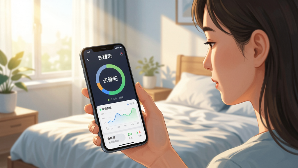 画面主体为一位用户在清晨查看手机上的睡眠报告,屏幕显示“去睡吧”的睡眠质量环形图与数据曲线,布局为人物侧身手持手机、背景为晨光透入的卧室,风格为清新写实插画,细节包括柔和的晨光、床铺与绿植点缀,画质干净明亮,无多余元素