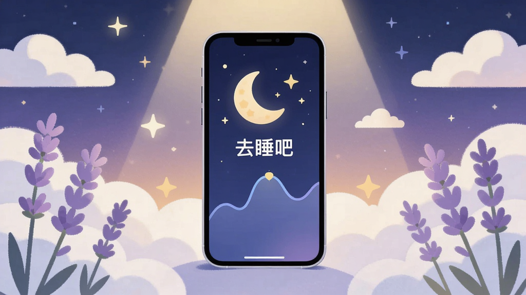 画面中央放置一部智能手机,屏幕显示“去睡吧”应用的深蓝色睡眠界面,界面中有月亮、星星和睡眠曲线图案,手机周围环绕柔软的云朵、薰衣草和柔和光晕,布局为手机居中、装饰元素对称分布,风格为温馨治愈的扁平插画,细节包括渐变夜空背景、柔和月光光效,画质清晰干净,无多余元素