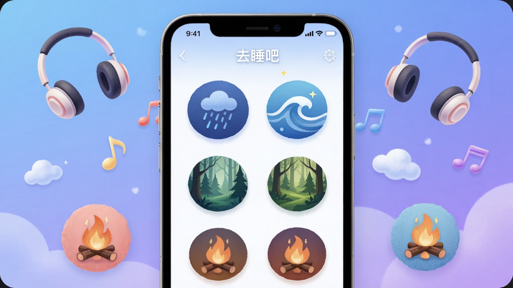 画面展示“去睡吧”应用内的声音选择界面,屏幕上排列着雨声、海浪、森林、篝火等圆形音效图标,手机旁边漂浮着耳机、音符和云朵,布局为手机居中、图标环绕四周,风格为柔和渐变插画,细节包括蓝紫色调背景、细腻的图标纹理,画质清晰干净,无多余元素
