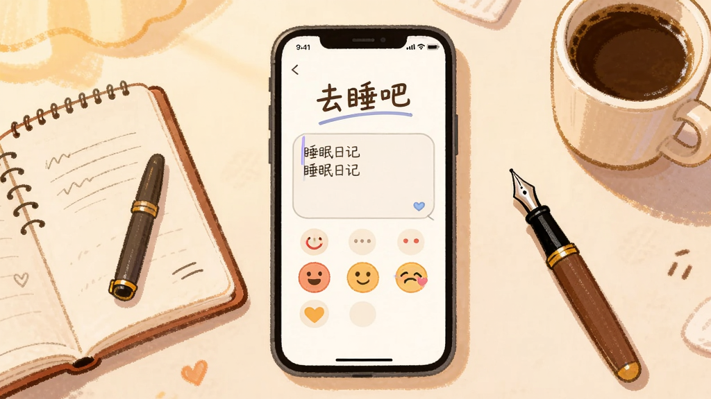 画面展示“去睡吧”睡眠日记界面,手机屏幕上显示文字输入框与心情表情图标,旁边有笔记本、钢笔和咖啡杯,布局为手机居中、物品散落四周,风格为温暖手绘插画,细节包括米黄色背景、柔和光影,画质清晰干净,无多余元素