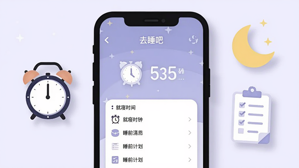 画面中心为“去睡吧”应用的作息设置界面,显示就寝时间闹钟与睡前计划清单,手机旁边有闹钟、月亮和 checklist 图标,布局为手机居中、图标左右对称,风格为简约扁平插画,细节包括淡紫色背景、柔和阴影,画质干净整洁,无多余元素
