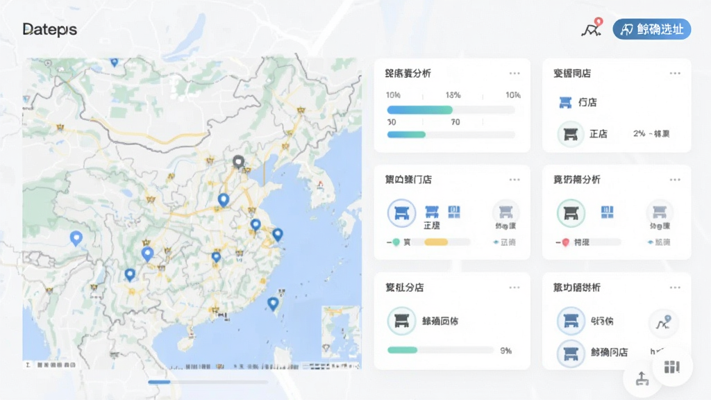 画面主体为一张简洁的竞争分析看板,布局为左侧地图缩略、右侧数据卡片纵向排列,排版为商务仪表盘风格,风格为清爽浅色系,细节包括密度刻度条、同类门店图标与「鲸确选址」字样标签,画质清晰、干净无多余元素