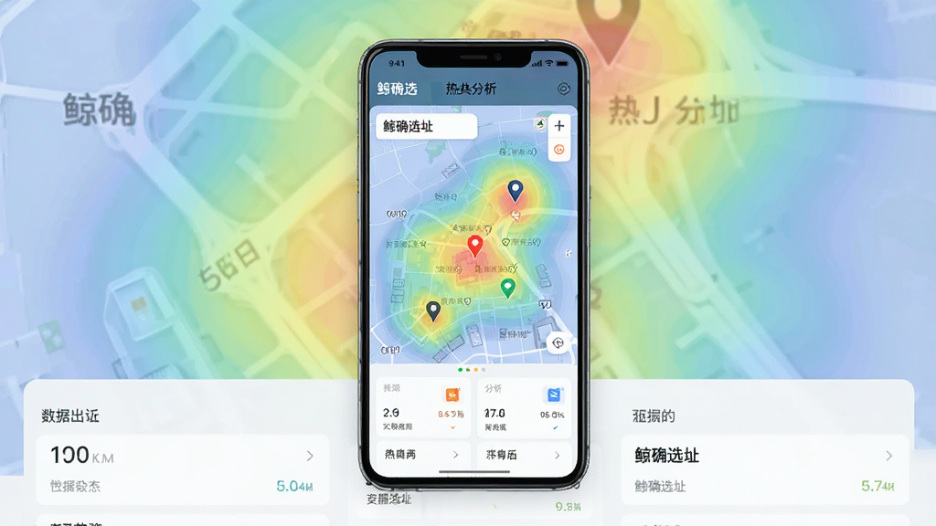 主体为一部竖屏安卓手机居中摆放,屏幕显示「鲸确选址」应用首页地图与热力分析界面,布局为手机在上方、下方延展浅色数据面板,排版干净居中留白充足,风格为现代商务科技感,细节包括地图上的彩色热力区块、店铺标记点与简洁数据卡片,画质高清锐利、干净无多余元素