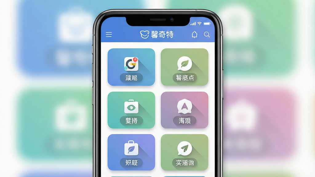 一张展示手机应用“馨奇特”主界面的效果图,画面中央是一部竖屏智能手机,屏幕上排列着多个功能模块图标,布局整齐,排版清晰,风格为现代扁平化设计,细节包括图标阴影、渐变背景和顶部标题栏,画质干净清晰,无多余元素