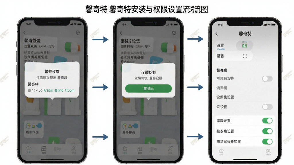 一张展示“馨奇特”安装与权限设置流程的示意图,主体为手机屏幕分步截图排列,布局为纵向三步流程,风格为教程图解风,细节包括权限弹窗、安装确认按钮和设置开关,画质清晰干净,画面中含“馨奇特”文字,无多余装饰
